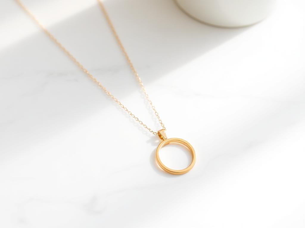 Colar dourado com pingente circular em superfície clara