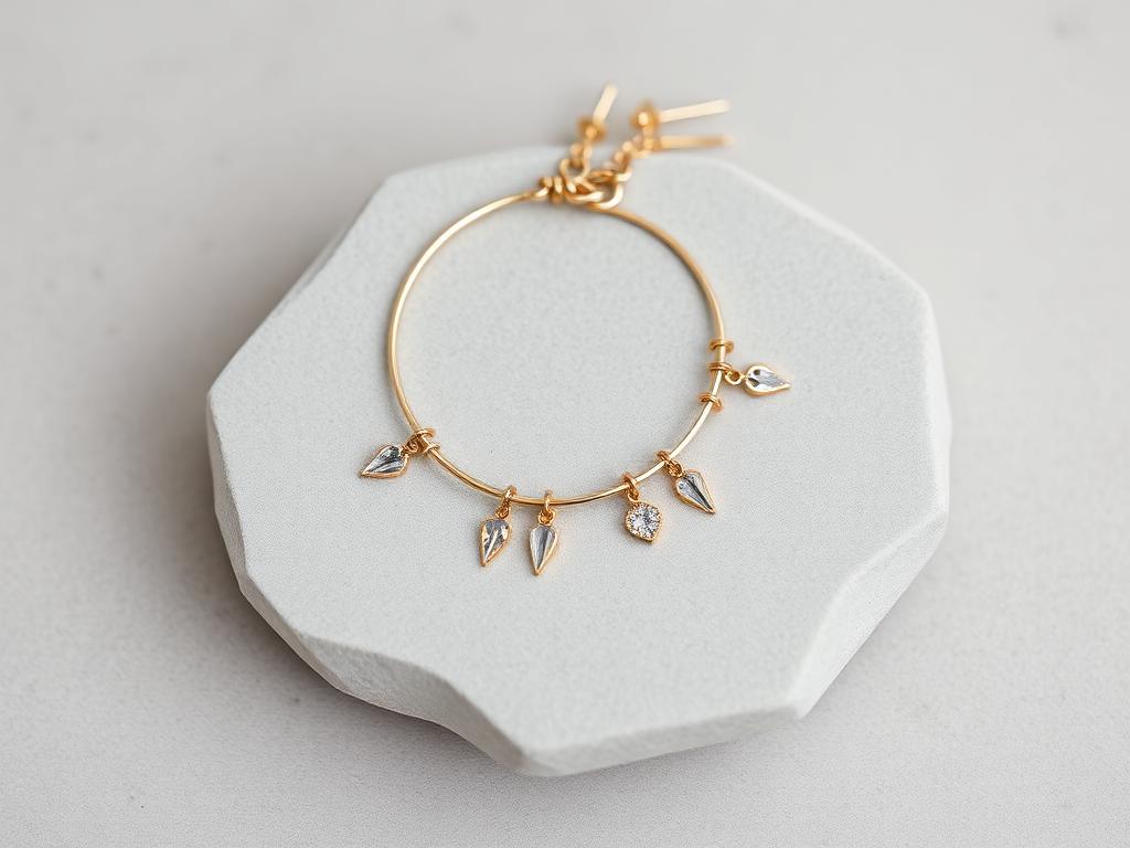 Pulseira dourada com pingentes em base cinza clara